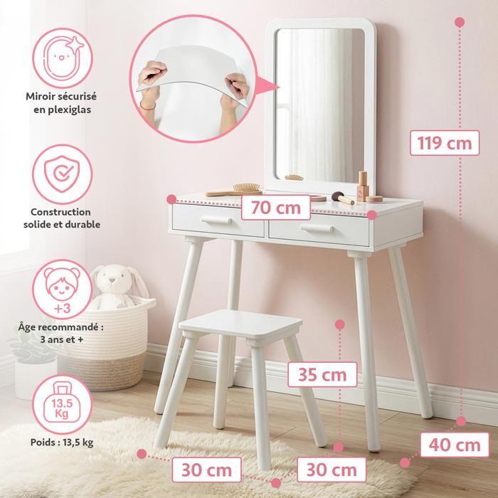 Coiffeuse pour enfant - GREEN SERIES - Green Series - Miroir sécurisé - Tabouret inclus - Tiroirs et autocollants