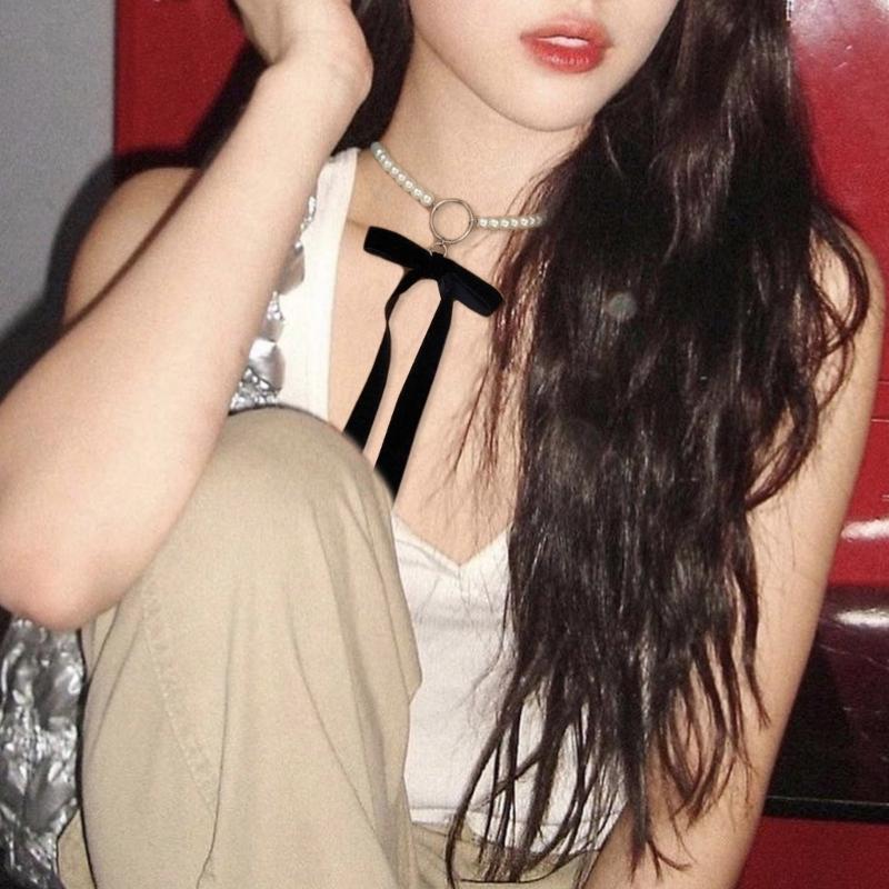 Панк Длинный Широкий Черный Бархатный Чокер Лента Бант Имитация Жемчужных Бусин Ожерелье-Воротник Готическая Бижутерия Новогодние Подарки