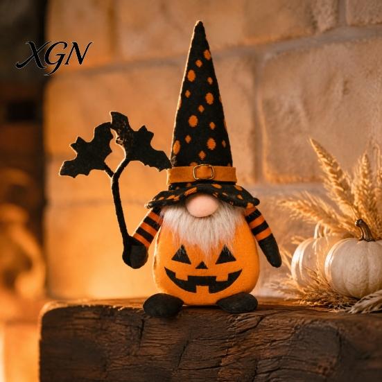 Creepy Gothic Style Ornaments Halloween Plush Gnome Decoration, Spooky Orange Black Spider Web Bat Swedish Faceless Dolls Tomte Elf Figurine,