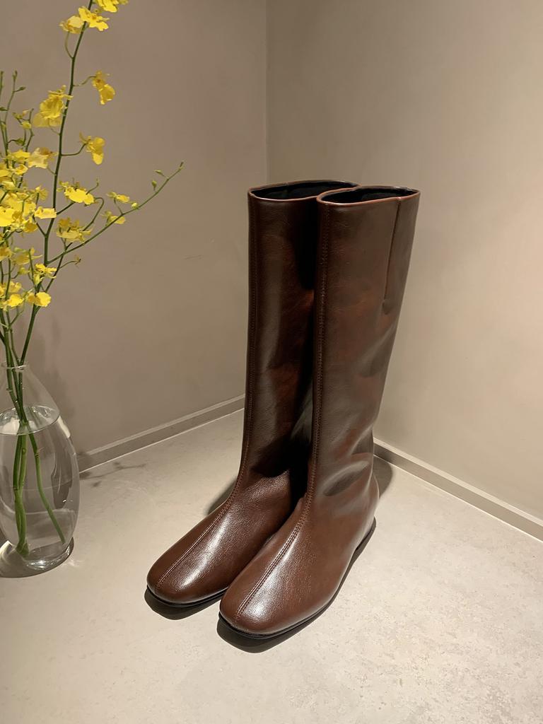 Sheepskin Version~ Grape Ma with the Same Inner Height Increase of 4cm Versatile Flat-soled Boots Thin Boots Medium Tube Knight Boots Women's Boots