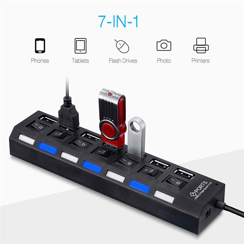 4/7 Ports USB HUB with On/Off Switch LED Light USB 2.0 Hub High Speed Adapter Portable USB Splitter For Computer Laptop Accessories