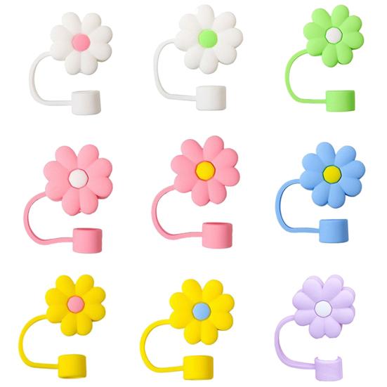 9Pcs Cute Floral Straw Sleeves with Durable Silicone Plugs Deform-resistant Break-resistant Colorful Straw Covers