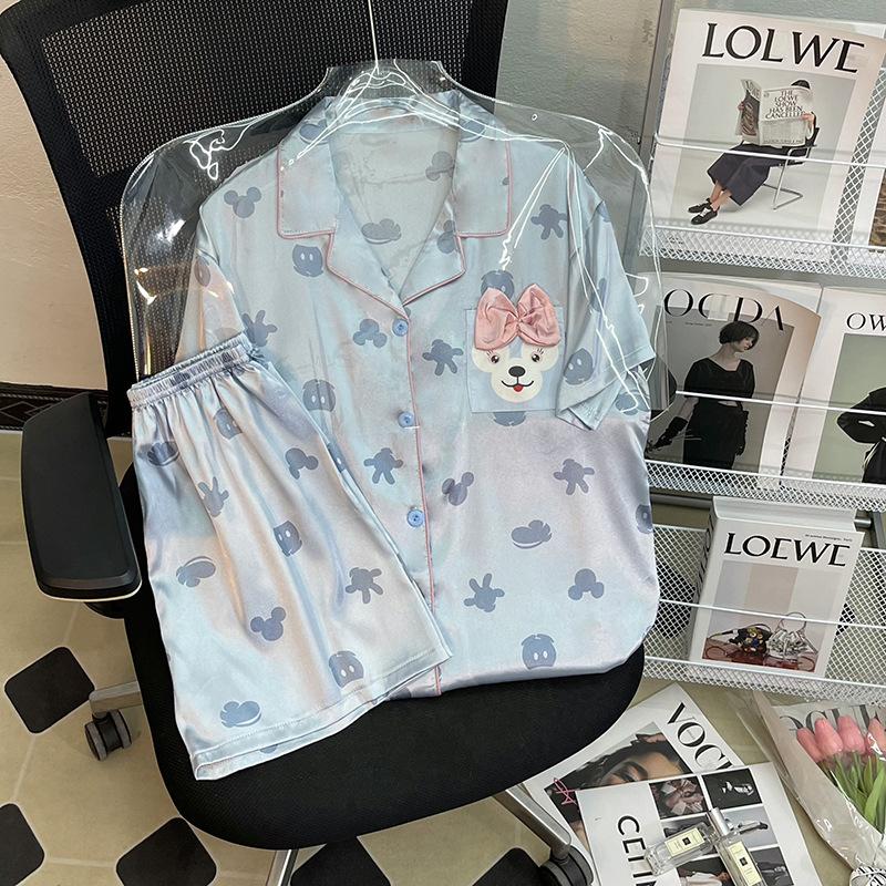 Solid Color Ice Silk Pajamas Women'S Summer Thin Foreign Style High-Value Short-Sleeved Loungewear Two-Piece Set Can Be Worn Outside