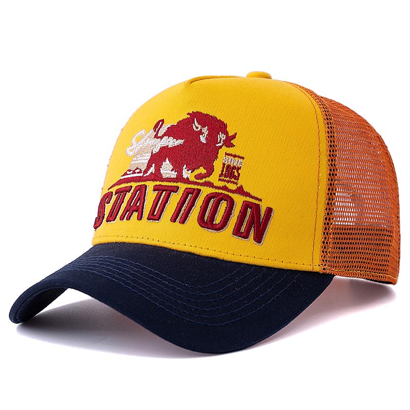 Летняя рыболовная кепка STATION Letter унисекс, дышащая сетчатая кепка дальнобойщика с вышитыми большими бизонами и быками