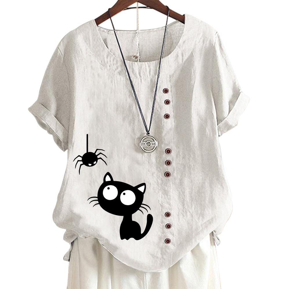 Женская хлопковая повседневная футболка с 6 рисунками животных и растений, круглым вырезом, короткими рукавами, украшением на пуговицах