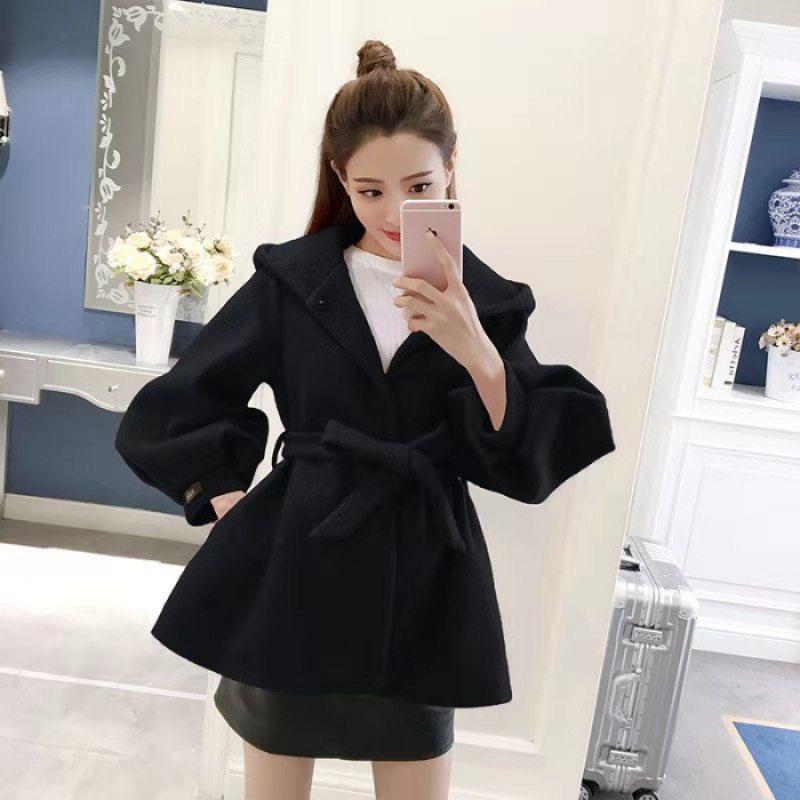 Пальто-накидка из красной шерсти в корейском стиле с капюшоном и завязкой, рукава-фонарики, модный короткий дизайн для миниатюрных женщин
