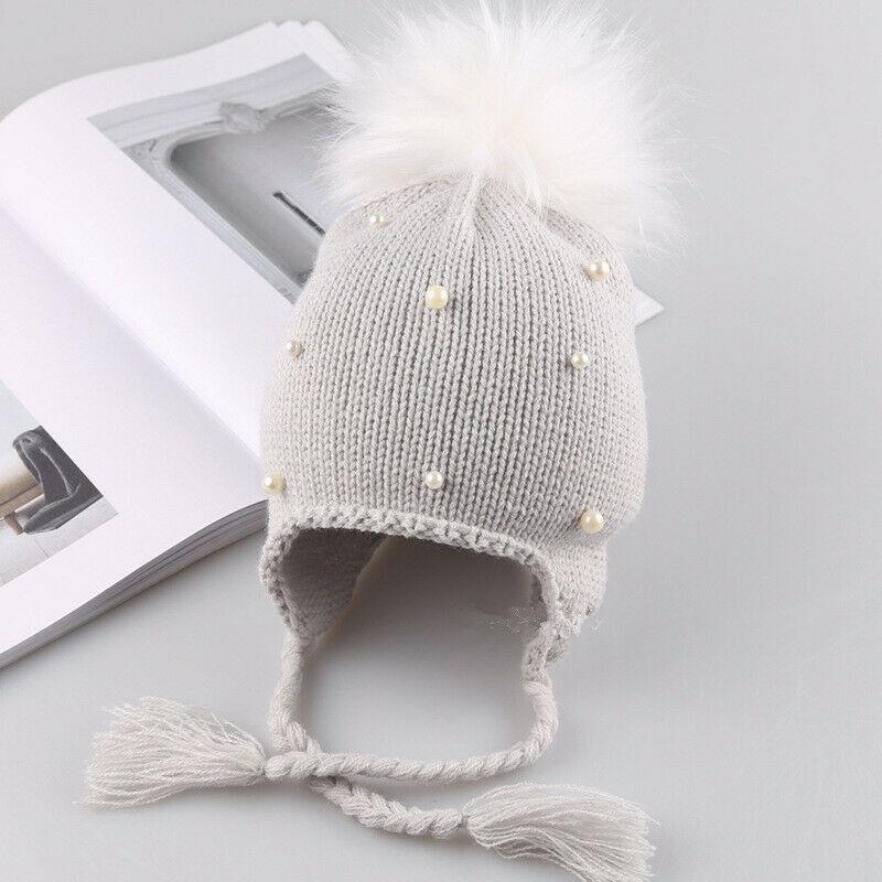 Newborn Infant Kids Baby Boy Girls Cute Pearl Hats Hair Ball Earbud Pearl Crochet Winter Warm Knit Hats Cap