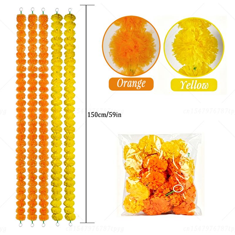 5‑40Pcs Marigold Flowers Garland for Decor 5Ft Artificial Marigold Flowers Wreath for Diwali Pooja Day of Dead Wedding Party