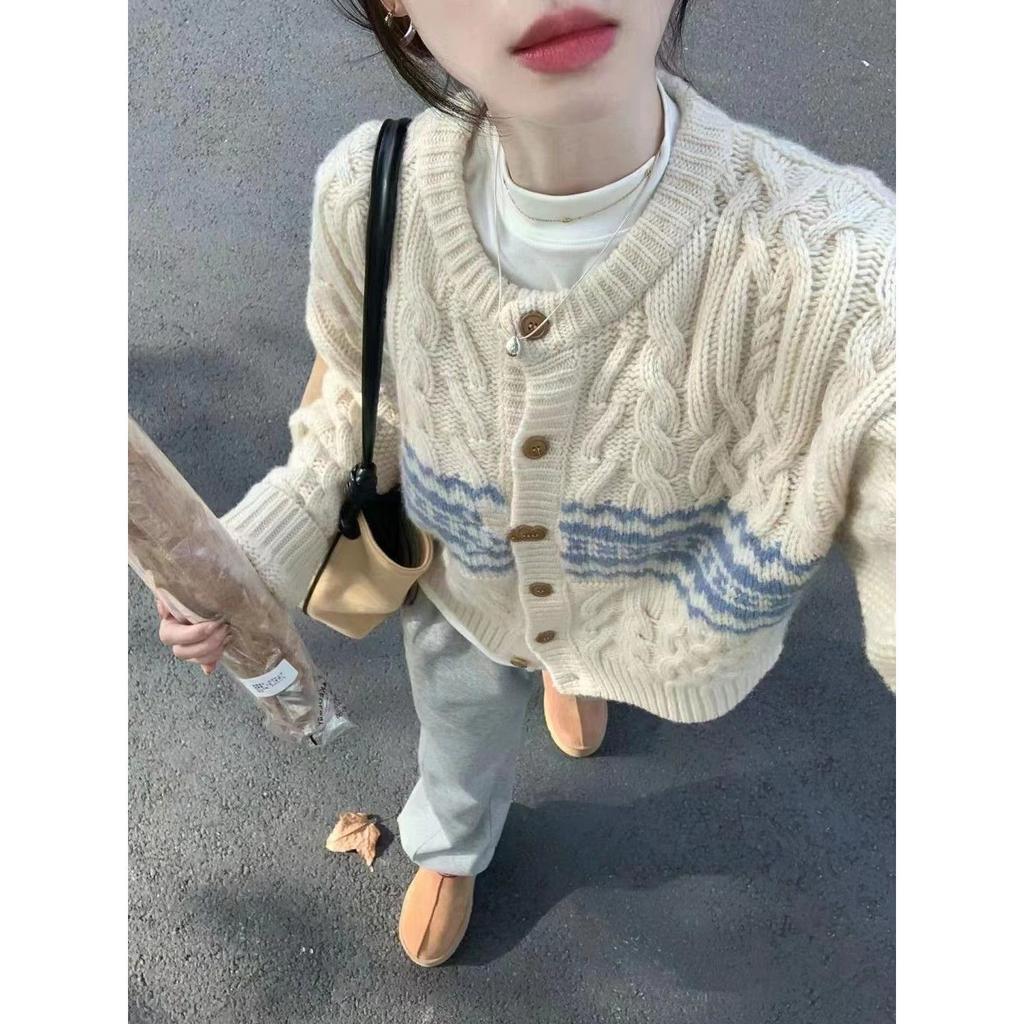 Овечья шерсть ретро цвет контраст японский ленивый ветер свободные жареные переплетения теста кардиган свитер пальто женщины