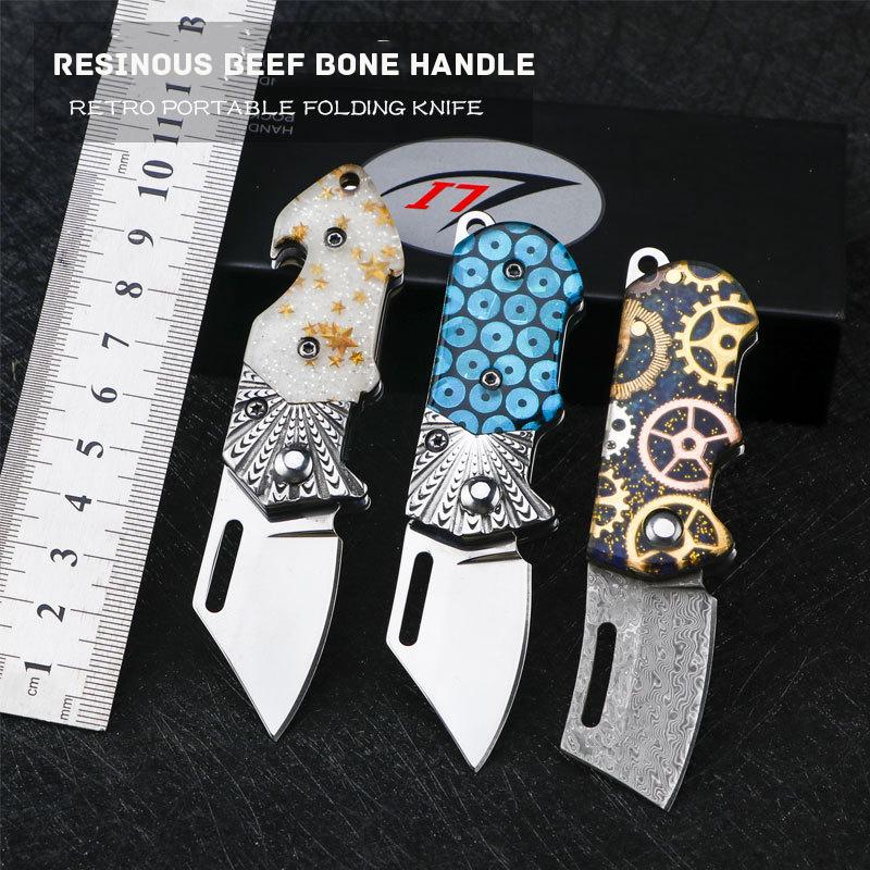 High Hardness Steel Blade Resinous Beef Bone Folding Knife Key Pendant EDC Express Sharp Fruit Pocket Knives Outdoor Tool Gift