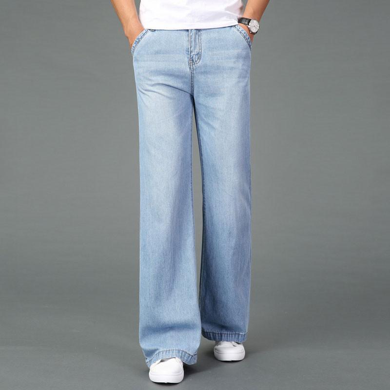 Мужские летние свободные широкие брюки с тонкой средней талией. Мужские свободные расклешенные голубые джинсы.