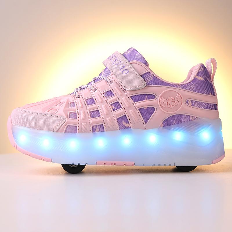 Четырехколесные роликовые коньки, детская спортивная обувь с выдвижными автоматическими колесами, зарядка через USB, светодиодная спортивная обувь