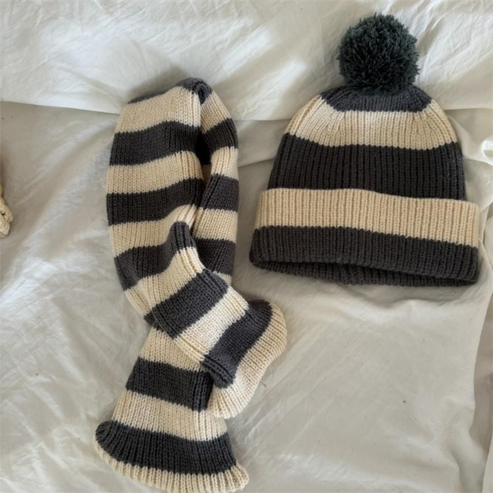 Knit Design Knit Pom Beanie Classic Striped 2-in-1 Headwear Warm Striped Hat Scarf  Cold Weather