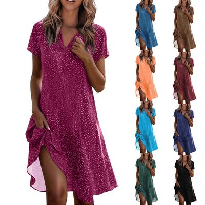 Женское летнее длинное платье, повседневное свободное платье с воротником рубашки с короткими рукавами и принтом в горошек