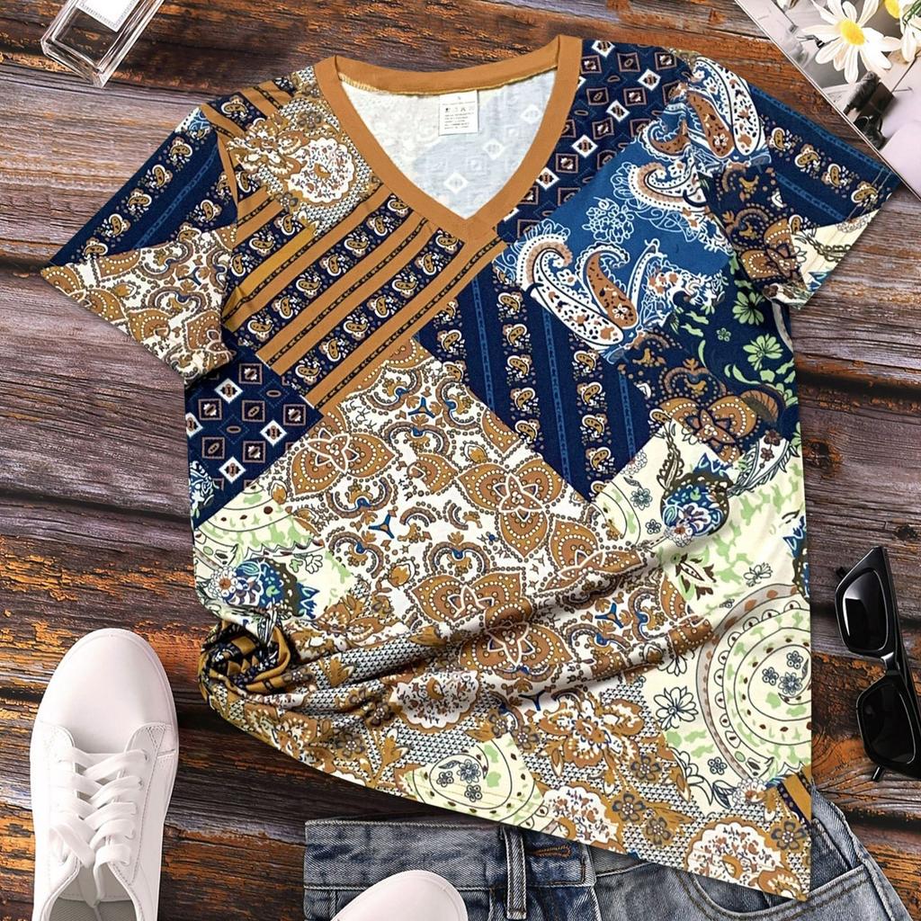 Summer V-neck 3D Ethnic Style Printed Top Fashionable Casual Short Sleeved Women's T-shirts