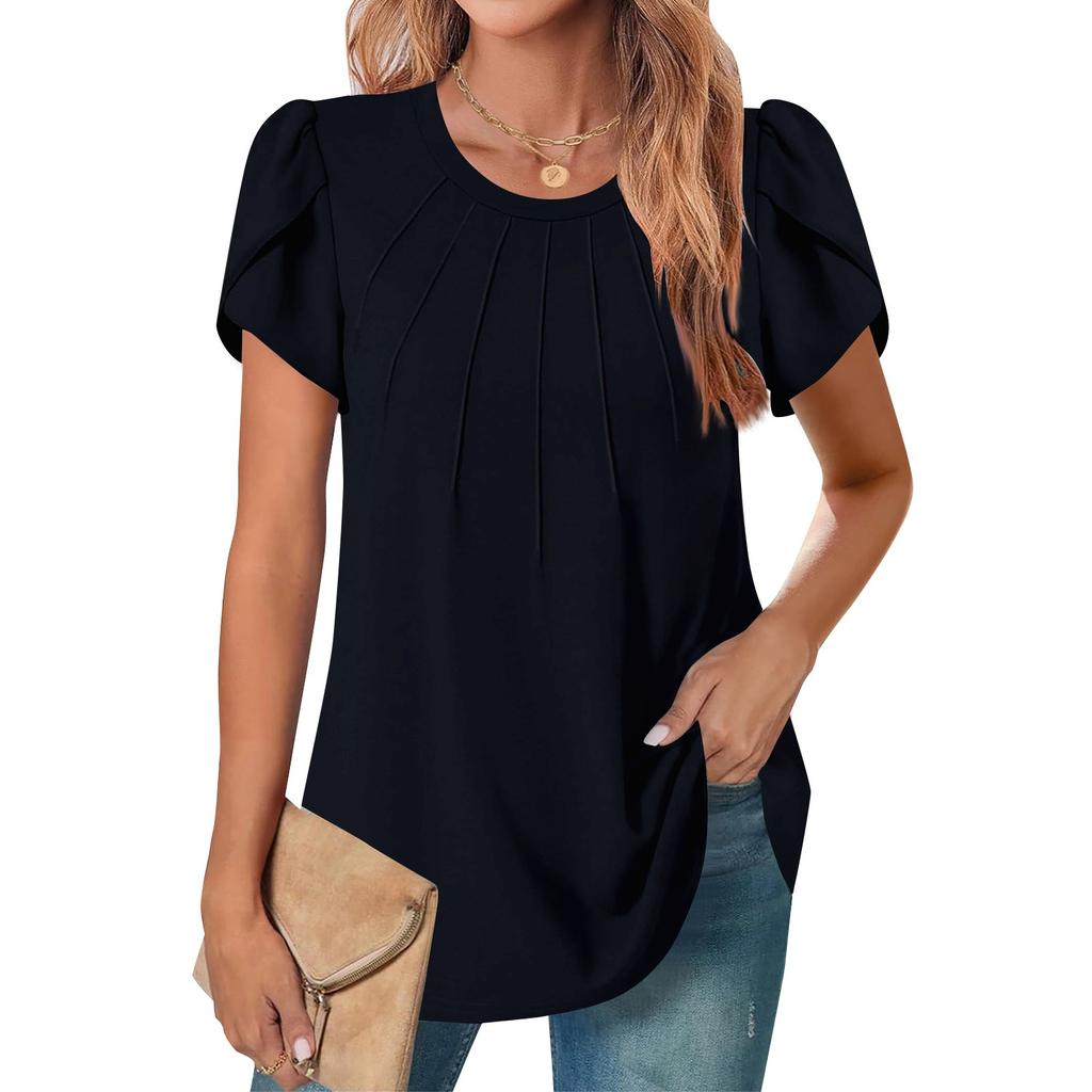 Women's Casual Round Neck Short Sleeve Chest Pleated Flap Sleeve Solid Color Top