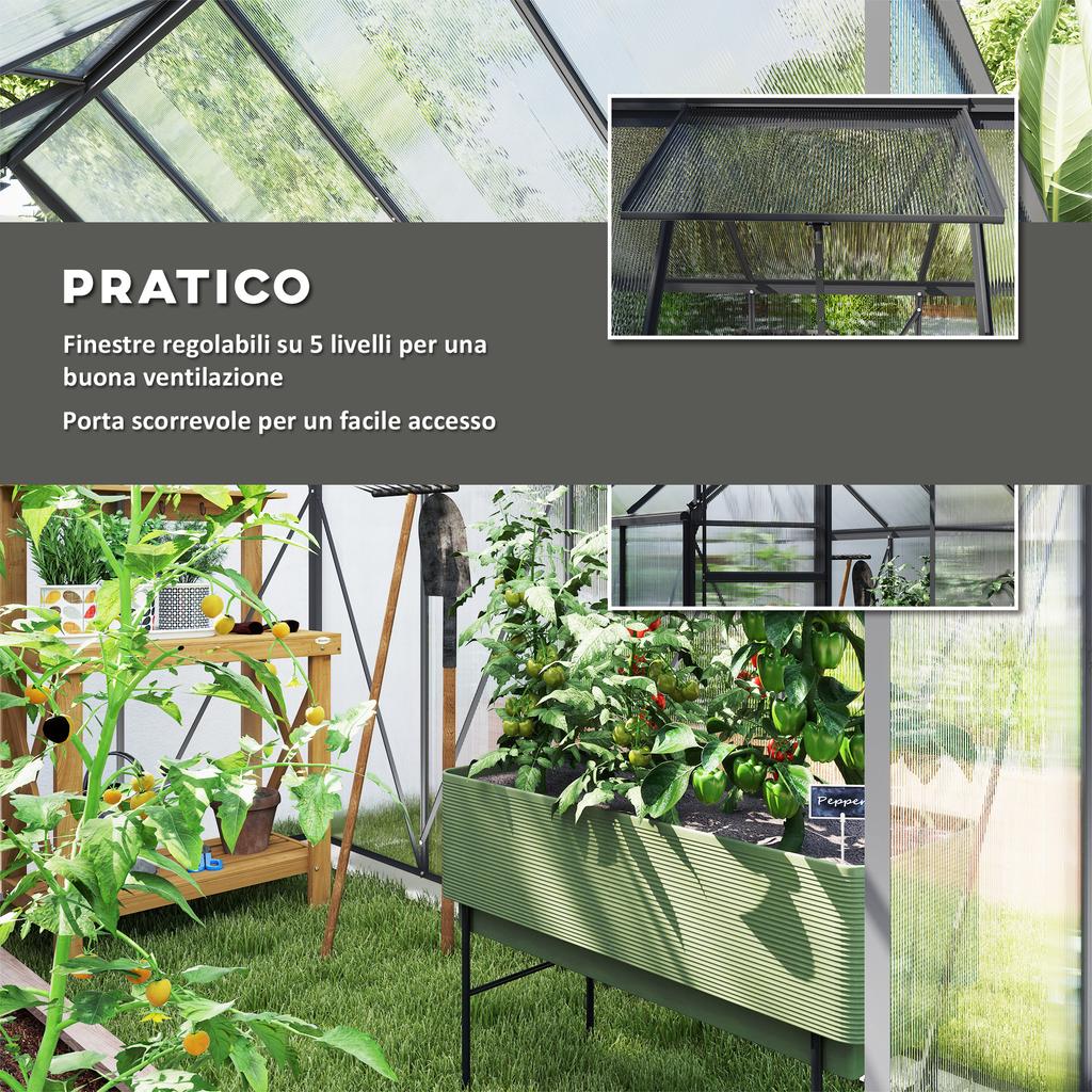 Polycarbonate and Aluminum Greenhouse with Opening Window and Sliding Door. 190x253x199cm. Dark Gray