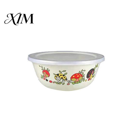 Salad Bowls Clear Pattern Enamel Bowl with Lid Nostalgic Rice Basin Chinese Style for Dinner