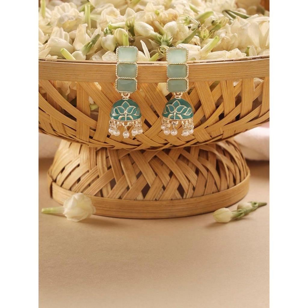 Женские серьги Jhumki с мятно-зеленой эмалью в этническом стиле