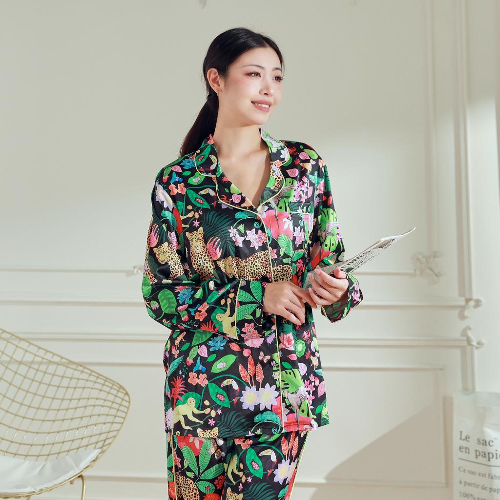 Женский пижамный комплект с зеленым принтом, брюки с длинными рукавами, одежда для дома и отдыха на открытом воздухе, пижамы