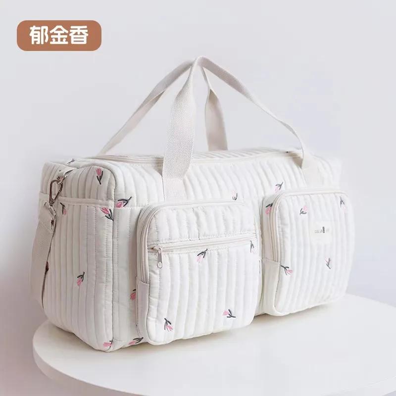 New Luggage Bag Diaper Bag Cute Bear Flower Embroidery Pattern Tote Bag Beige Cotton Fabric Zipper Diaper Handbag