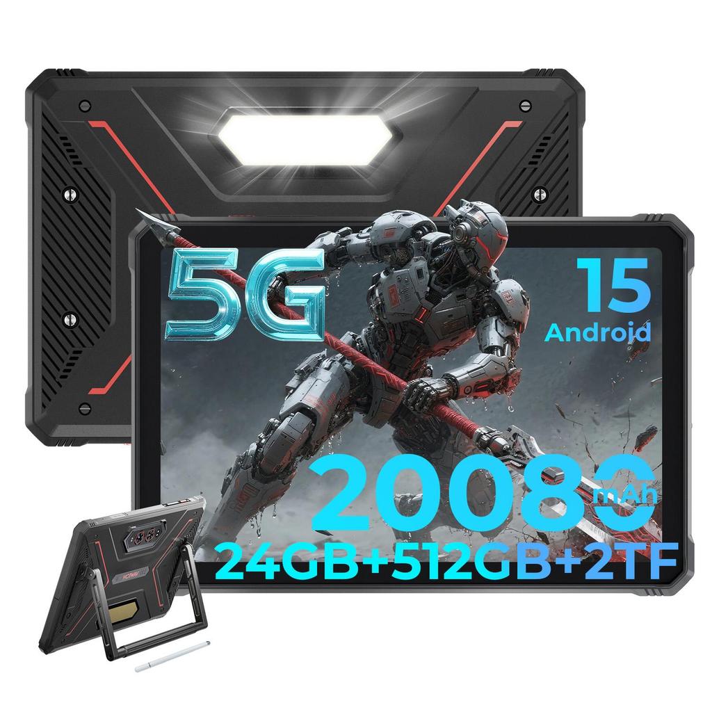 HOTWAV Прочный планшет R9 Ultra 5G, Android 15, Аккумулятор 20080 мАч, 24(8+16ГБ )+ 512 ГБ, камера 64 МП, IP68/IP69K, фонарик для кемпинга, две SIM-карты, Face ID, OTG