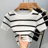 Round Neck Thin Short-sleeved Sweater for Women New Women's Elastic Contrasting Striped T-shirt Short Waist Top