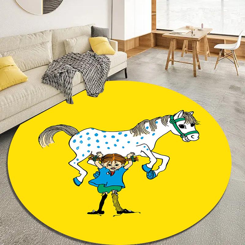 Круглый ковер с изображением мультфильма Пеппи Длинныйчулок, Ковер для гостиной, спальни, дивана, игровой комнаты, Нескользящий коврик Q0030