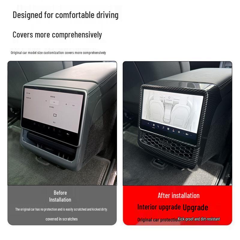 Совместимые улучшения для Model 3: Задний вентиляционный дефлектор, Экран, Защитные накладки на спинки задних сидений от пинков, Декоративные элементы интерьера.