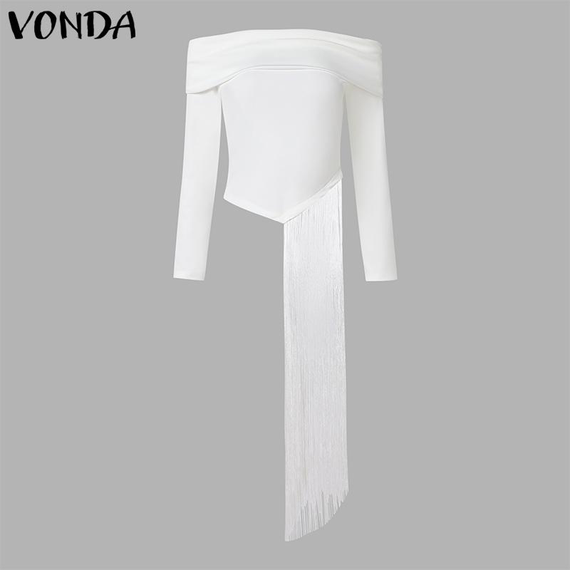 VONDA Женские винтажные обтягивающие однотонные футболки с открытыми плечами и длинным рукавом