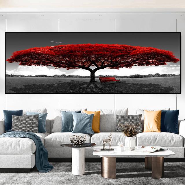 Абстрактное красное, зеленое большое дерево, деревянный стул, пейзаж, холст, живопись, постеры и принты, настенные художественные фотографии, домашний декор, без рамки