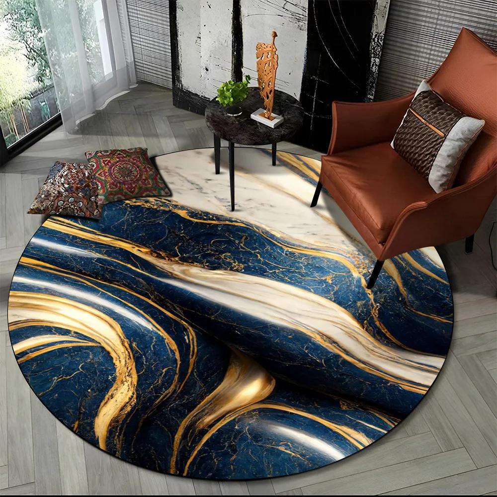 3D Luxurious Colour Marble Blue Green Gold Round Carpet Rug for Living Room Bedroom Child Chair Decor,Pet Area Rug Non-slip Mat