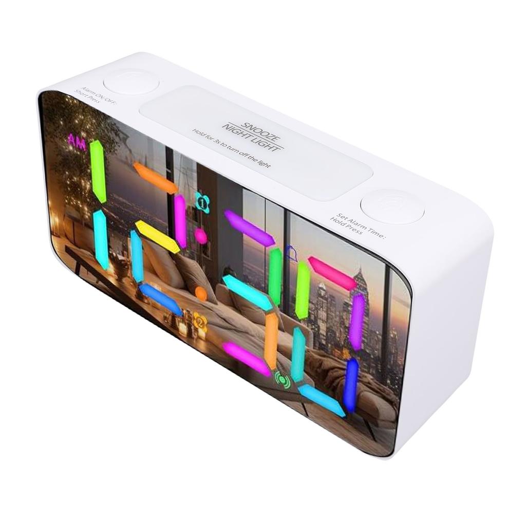 7 Inch Mirror Alarm Clock with Bed Shaker RGB Night Light 5 Levels Volume Vibrating Alarm Clock for Heavy Sleepers Seniors