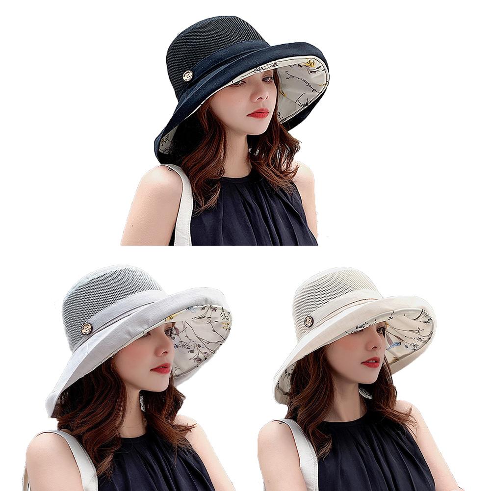 Summer Mesh Sun Hats For Women Wide-Brim Beach Bucket Caps Foldable Sun Protection Bucket Hat With Chin Strap