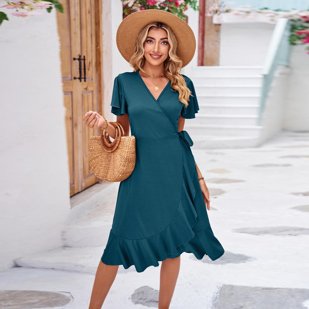 GMXIA Женская мода лето весна сплошной цвет печати короткий рукав V-образным вырезом повседневные платья