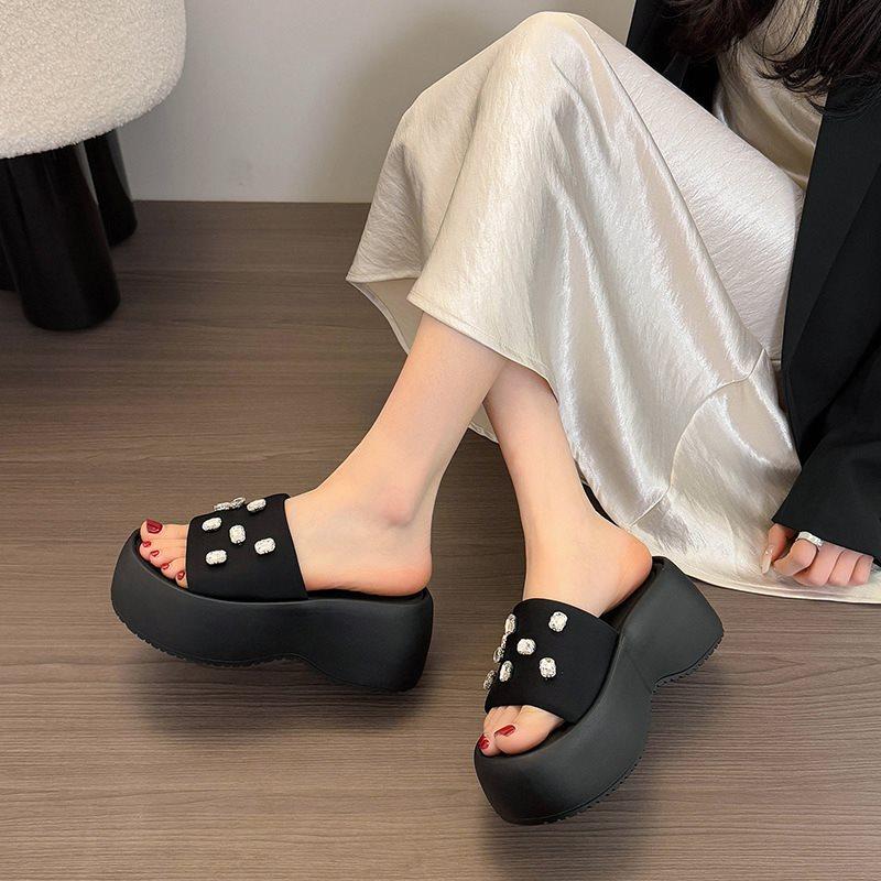 Thick Bottom Women's Slippers 2025Summer New Open Toed Slippers Fashion Casual Platform Sandal Luxury Rhinestone Women Sandalias