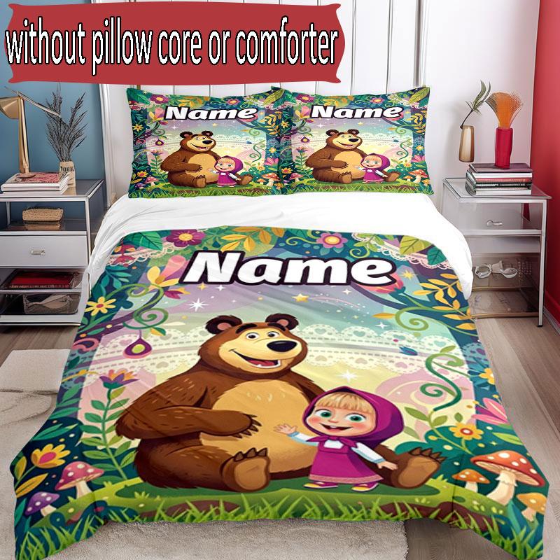 3pcs Duvet Cover Set (1*Duvet Cover + 2*Pillowcase, Without Core), Custom Name Masha and the Bear Pattern Bedding Set, Home Bedroom Decor Gift