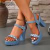 Fashion 2025 Summer Women's Fashion Sandals Platform Bow Tie Buckle Strap Dress Sandals Chunky High Heel Shoes Blue Denim Outwear Shoes