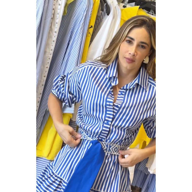 2023 Осень Европейская и Американская Мода Полосатое Платье, Подчеркивающее Талию