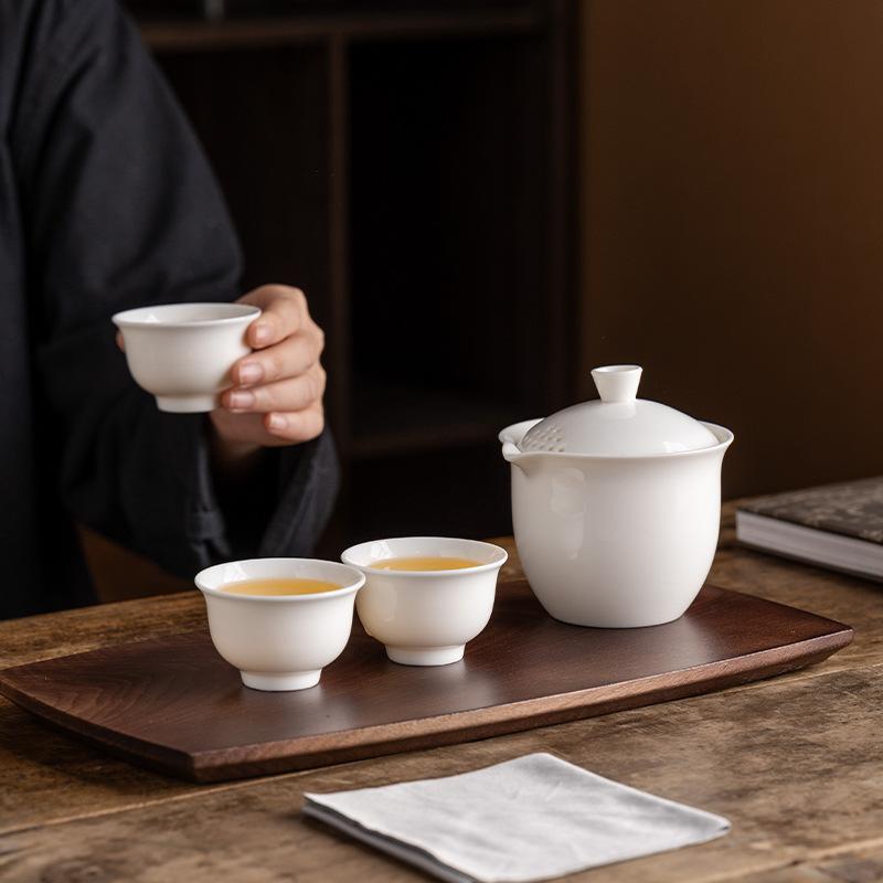 Suet Jade Porcelain Light Luxury One Pot Three Cups Outdoor Portable Travel Kung Fu Tea Set High-end Business Commemorative Gifts