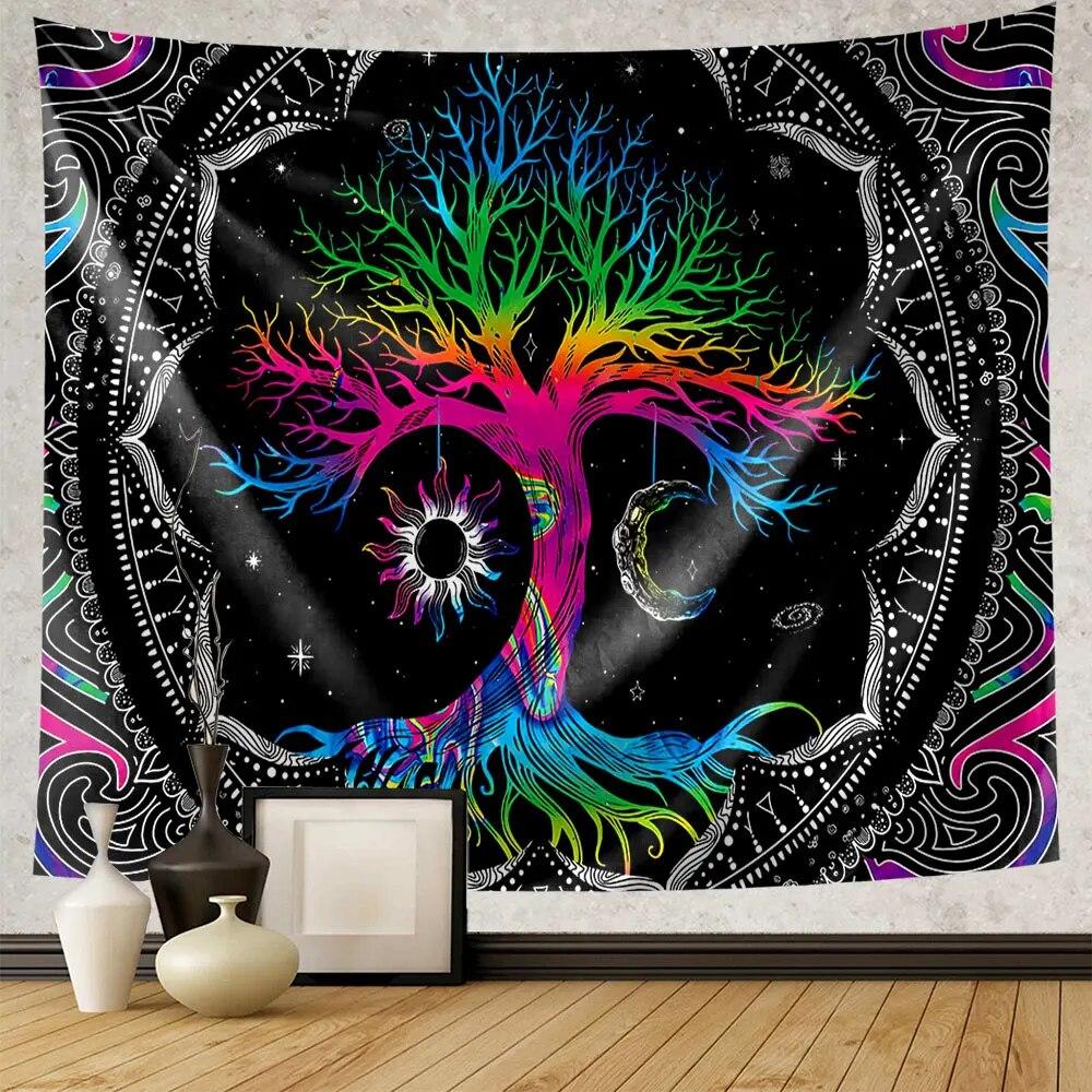 Зеленое древо жизни гобелен хиппи психоделическое солнце и луна настенное колдовство эстетическое украшение дома фон