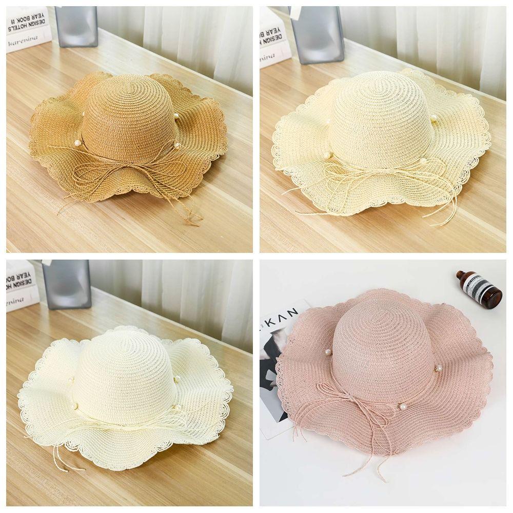 French Style Folding Straw Hats Wide Brim Women's Sun Hat Fashion Pearls Strap Straw Hat Outdoor