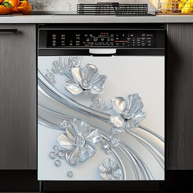 Silvery Floral Rhinestone Decal Sticker Self Adhesive Kitchen Fridge Decoration Waterproof Removable Home Appliance Decor