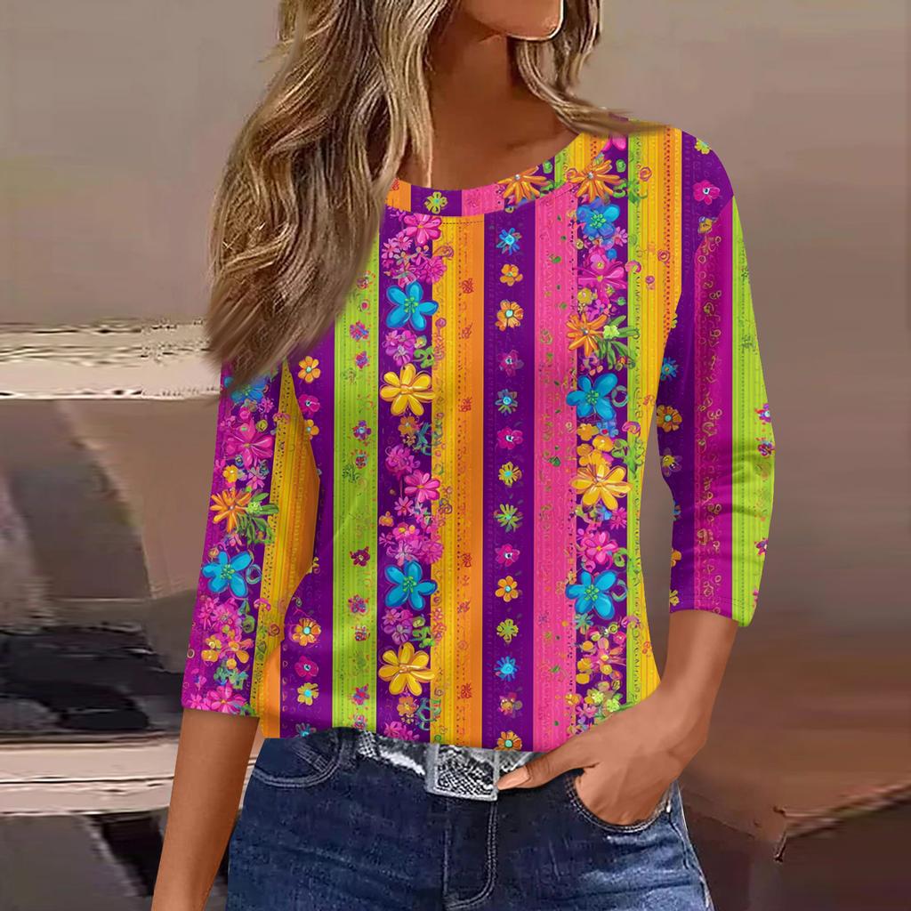 3/4 Length Sleeve Womens Tops Floral Print Vintage Fashion Casual Loose With Round Neck Plus Size Shirts