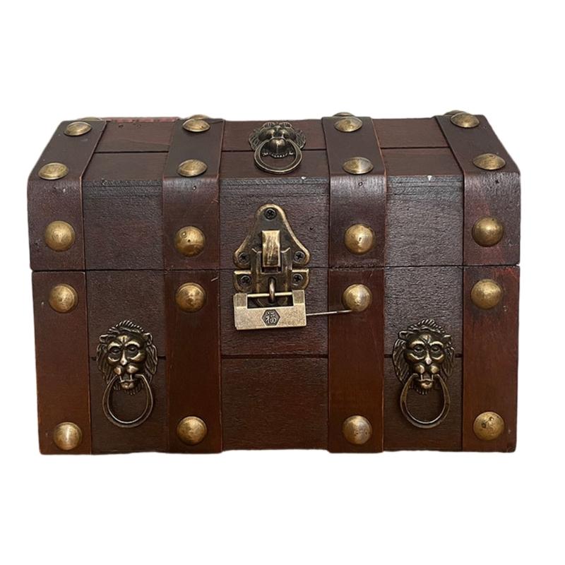 Деревянный ящик для хранения в античном стиле с замком и крышкой для ювелирных изделий и памятных вещей Декоративный сундук с сокровищами Украшение для дома