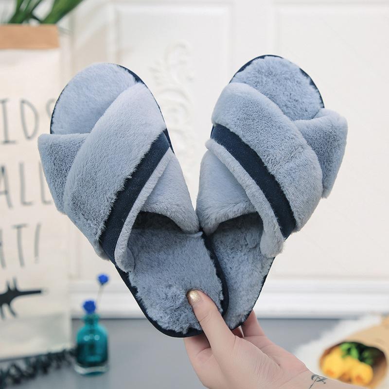 Women Autumn Winter The New Korean Version of The Cross-haired Slippers Indoor Plush Floor Drag Open-toed One-word Slippers
