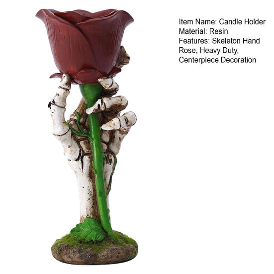 Скелет в виде розы, подсвечник, рука-призрак, держащая цветок, фигурка из смолы, конический столб, свеча, подсвечник, центральная часть стола