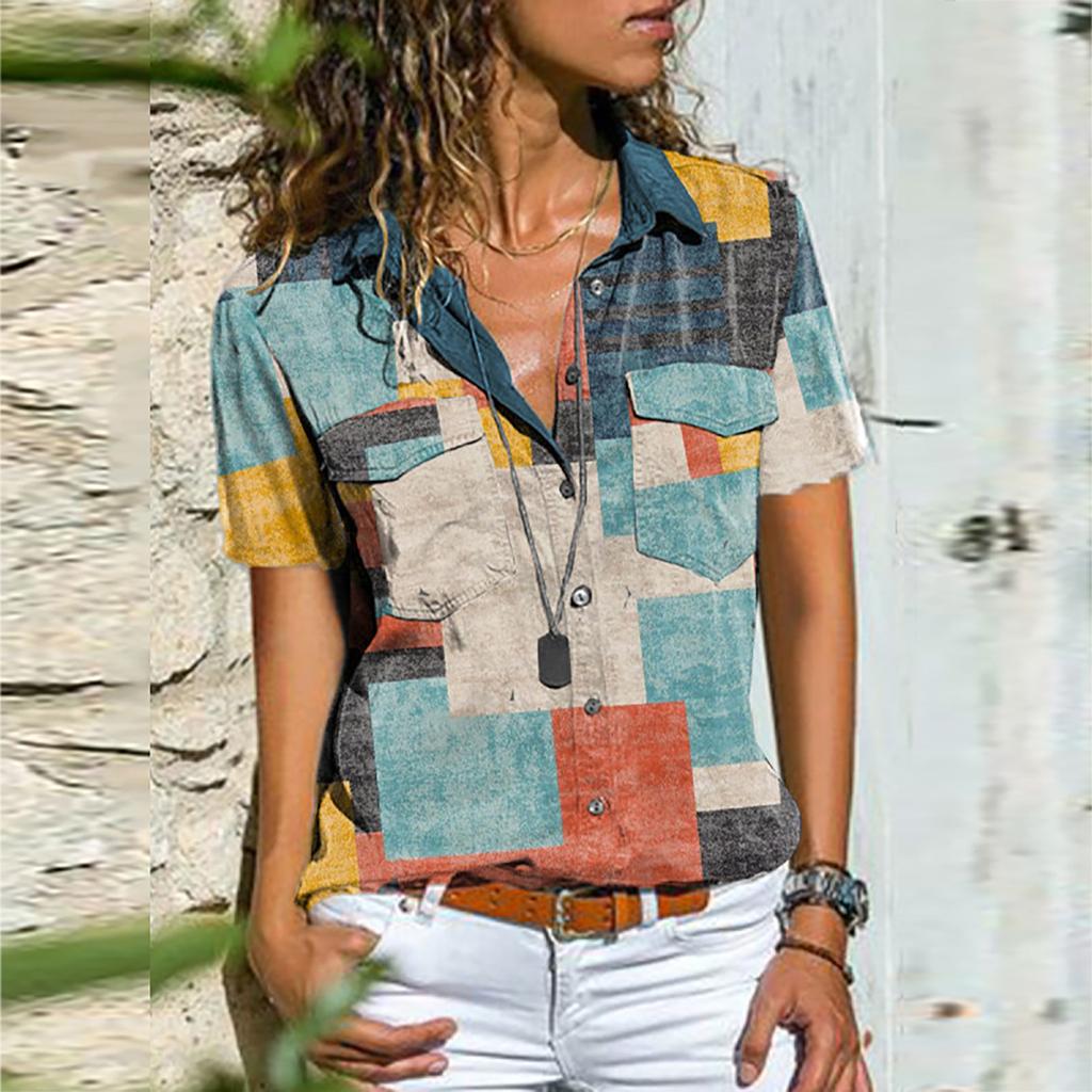 Womens Fashion Casual Short Sleeve Print Button V-Neck T-Shirts Tops Blouse