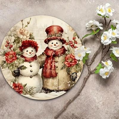 Круглая металлическая табличка "Пара снеговиков" Рождественский Хэллоуин Декор Гибкое настенное искусство Домашний шарм Подарок