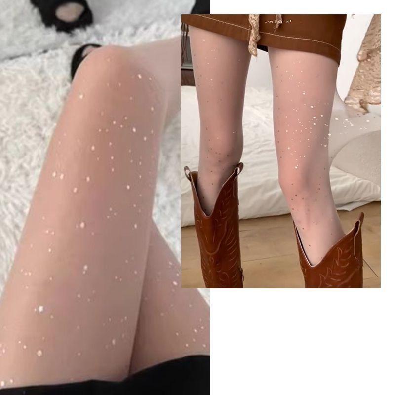 Summer Thin White Sheer Pantyhose with Bling - Bling Sequins, Sparkles, Sexy Star - Shaped Rhinestones for Girls and Baddies